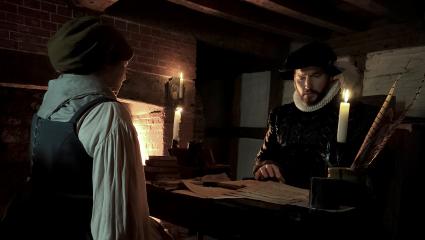 A historical re-enactment of Brian Darcy interrogating Ursula Kemp