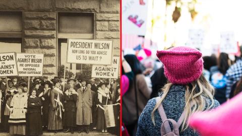 Photos showing a crowd of women's suffrage supporters demonstrating in Chicago in 1918 and a modern march protest at the Women's March LA, USA