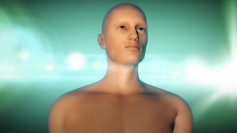 Rendering of a bald human-like creature in front of green lights