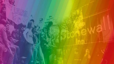 (Left) Gay rights demonstration including members of the Gay Liberation Front. (Right) Closeup on the window and sign of The Stonewall Inn, New York.