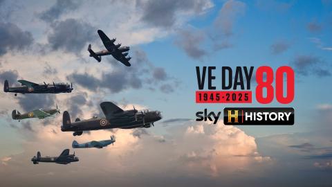 British Spitfires fly through the sky - next to a logo that reads 'VE DAY 80 Sky HISTORY'