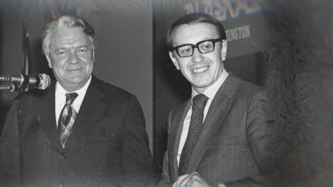 A black and white photo of Hale Boggs and Nick Begich Sr - two US congressmen who disappeared in 1972 on a flight from Anchorage to Juneau in Alaska