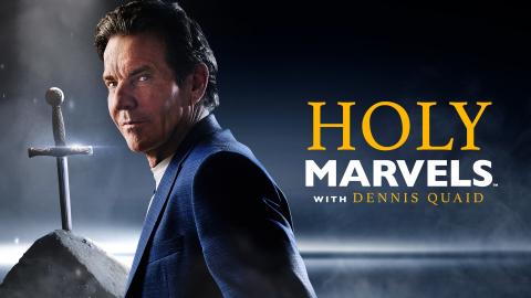 'HOLY MARVELS' - Dennis Quaid standing in front of the sword in the stone