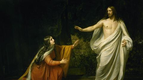 Painting of Mary Magdalene kneeling before Jesus after his resurrection
