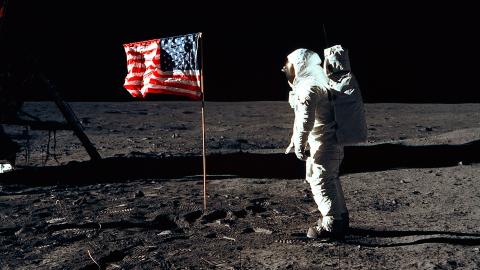 Buzz Aldrin saluting the US flag on the surface of the Moon