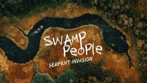'SWAMP PEOPLE: SERPENT INVASION' - An aerial view of a river in the Florida Everglades edited to look like a python