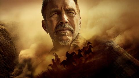 Kevin Costner overlayed on cowboys chasing after horses