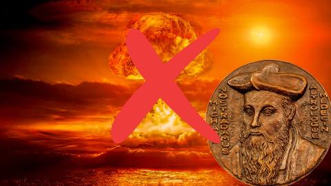 A rendering of an orange atomic bomb explosion with a red cross over the top of it. An old coin that depicts Nostradamus is in the bottom right corner