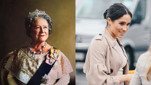 On the left, a portrait of the Queen Mother - on the right a photograph of Meghan Markle