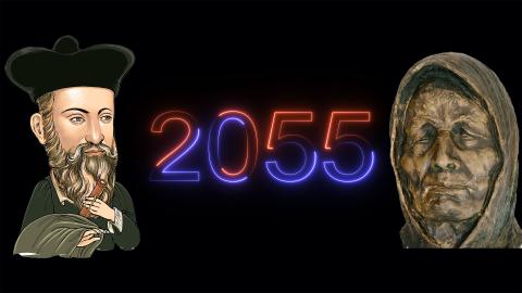 An illustration of Nostradamus and a statue bust of Baba Vanga next to the number 2055