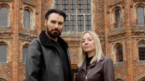 Rylan Clark and Professor Alice Roberts stand in front of an old stately home