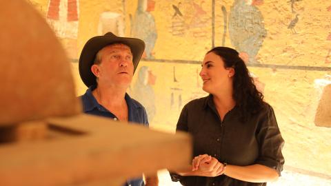 Bradley Walsh looks in awe while inside a pyramid with Dr Meredith Brand