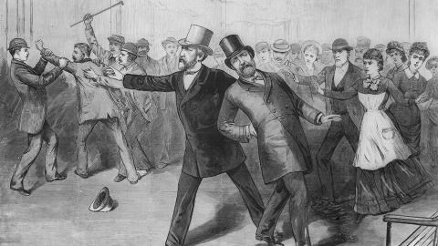 An engraving depicting the aftermath of James Garfield being shot