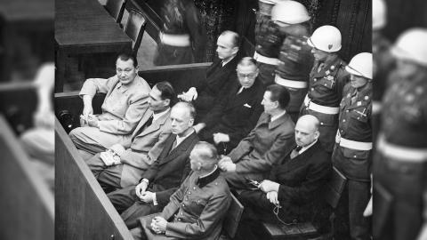 Defendants in the Nuremberg Trials sitting in the dock