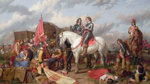 Painting of Oliver Cromwell at the Battle of Naseby. He is reading a message atop a white horse