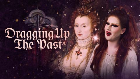 Drag queen Elizabeth The Thirsty next to a portrait of Elizabeth I