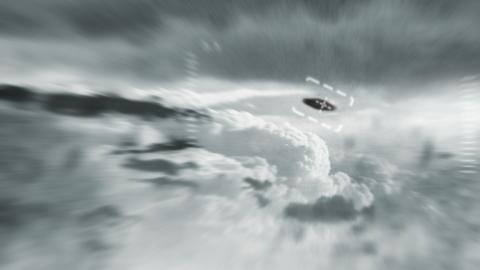 Stylised black-and-white image of a UFO flying through clouds