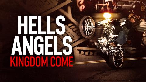 Promotional artwork for Hells Angels: Kingdom Come, featuring a motorcycle rider performing a wheelie alongside bold title text.