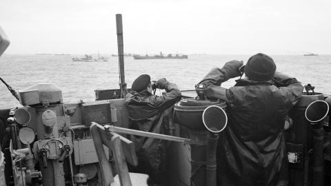 Officers on the bridge of a destroyer during the Battle of the Atlantic