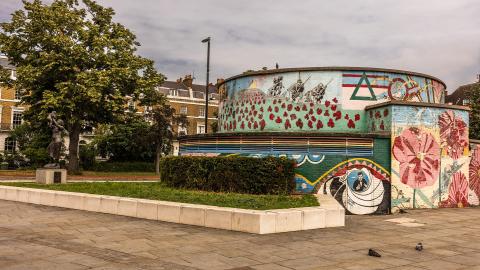 The entrance to the underground air raid shelter near Stockwell station now used as a war memorial