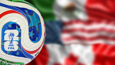 The 2026 World Cup ball in front of the US, Mexico and Canada flags