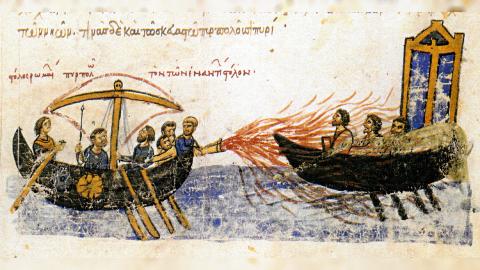 12th century illustration of Greek fire being used