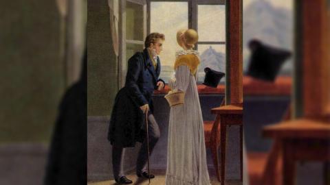 A man and a woman wearing Regency-style clothes c. 1815