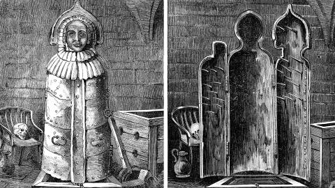 A drawing of a medieval torture device featuring spikes inside a coffin