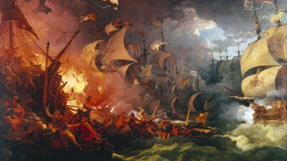 Left: Defeat of the Spanish Armada by Philip James de Loutherbourg. Right: King Philip II of Spain | Public Domain | Wikipedia