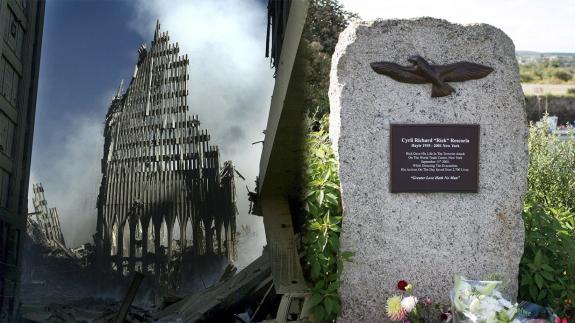 A photo of the ruins of the World Train Centre and Rick Rescorla's grave