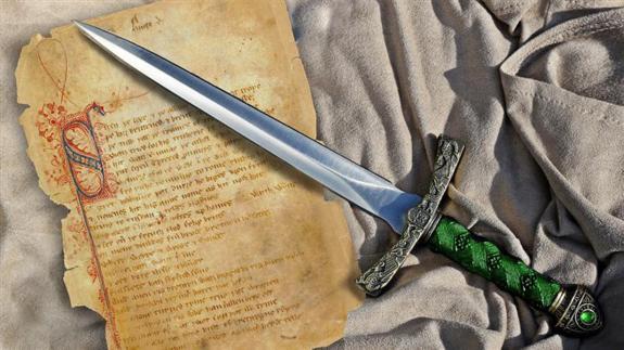 The original Gawain and the Green Knight manuscript and a green sword