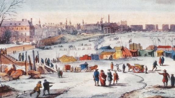 A painting of the Thames Frost Fair, with people milling about upon the frozen river