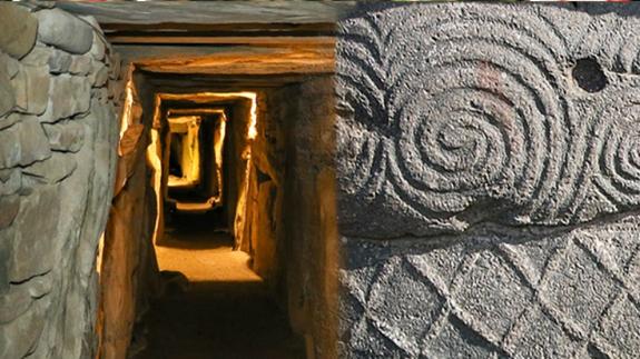 A long tunnel leading into the Newgrange. On the left, a spiral pattern depicted on the rocks outside