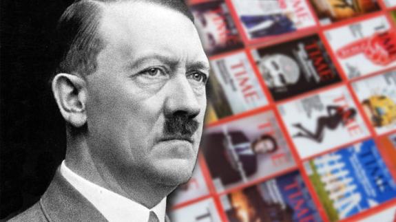 An image of Adolf Hitler in front of copies of Time Magazine