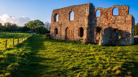 The remains and ruins of Grey Friars friary on the hill at Dunwich beach Suffolk east Anglia England.