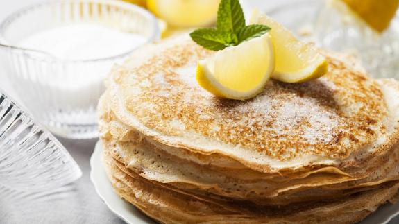 English-style pancakes with lemon and sugar, traditional for Shrove Tuesday