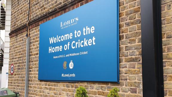 Sign outside Lord's Cricket Ground saying 'Welcome to the Home of Cricket'