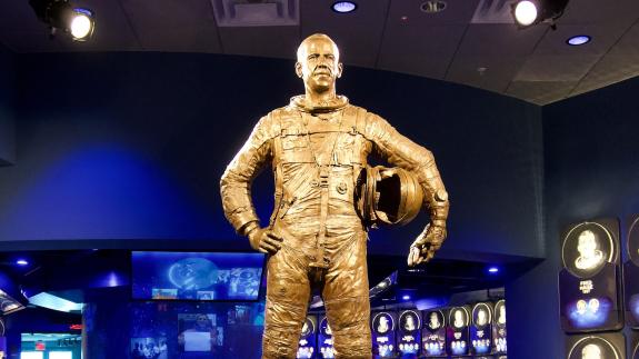 Kennedy Space Center, Florida, USA -2021: U.S. Astronaut Hall of Fame statue of Alan Shepard, the first American in space and the fifth person to walk on the Moon.