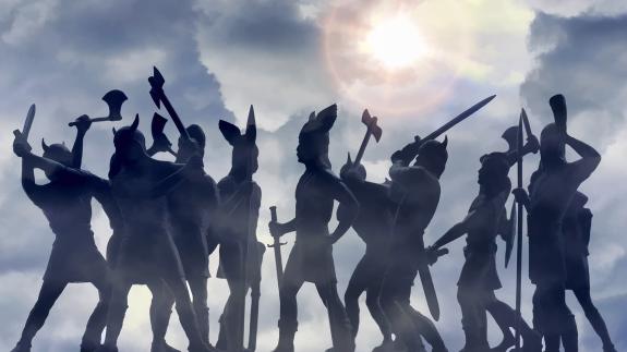 Two ghostly groups of Viking Gods in the morning haze, ready for battle, sky with storm clouds and bright sun