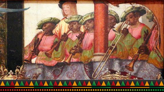 A group of African musicians from the painting, the Engagement of St Ursula and Prince Etherius