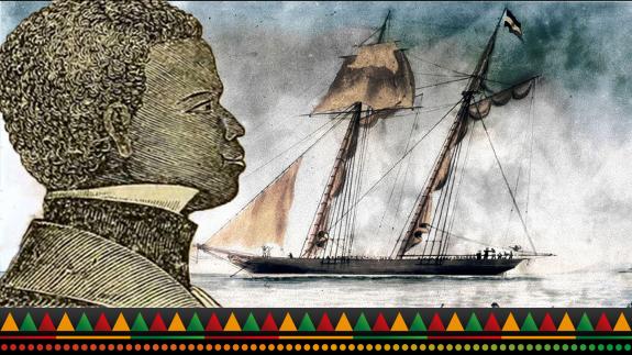 James Covey and a painting of the Amistad