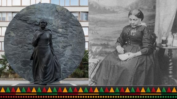 A photo montage showing a statue of Mary Seacole at St Thomas Hospital, London, alongside one of only two known photographs taken of Mary Seacole, taken around 1873.