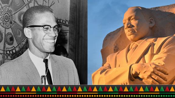 A photo montage showing Malcolm X in March 1964 and the Martin Luther King Jr Memorial on the National Mall in Washington DC, USA.