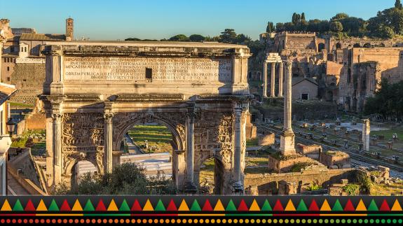 A photograph of the arch of Septimius Severus (203 AD) and the ruins of the Roman Forum in Rome, Italy.