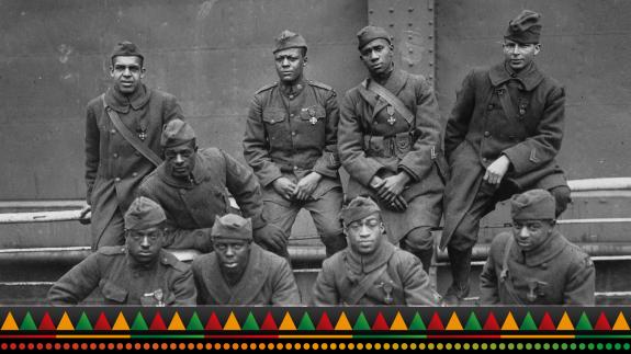 Soldiers of the 369th (15th N.Y.), awarded the Croix de Guerre for gallantry in action, 1919. Left to right. Front row: Pvt. Ed Williams, Herbert Taylor, Pvt. Leon Fraitor, Pvt. Ralph Hawkins. Back Row: Sgt. H. D. Prinas, Sgt. Dan Storms, Pvt. Joe William