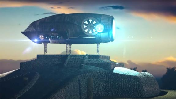 Rendering of a large alien spacecraft on a 'landing pad'