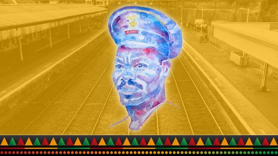 A water colour of Asquith Xavier superimposed over a railway line