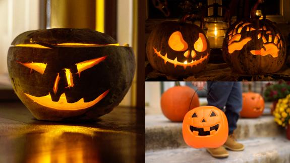 A montage of Halloween themed images including pumpkins and a child trick or treating