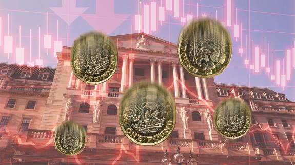 A montage graphic showing falling pound coins with the Bank of England in the background