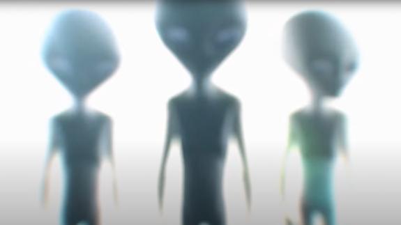Three stereotypical alien figures with a bright light behind them